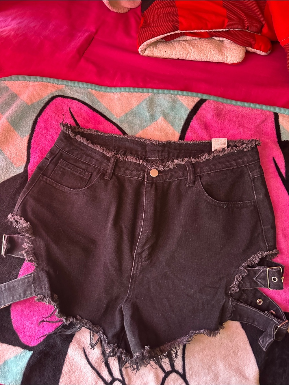 SHEIN Black High-Rise Distressed Jean Shorts with Strap Detail